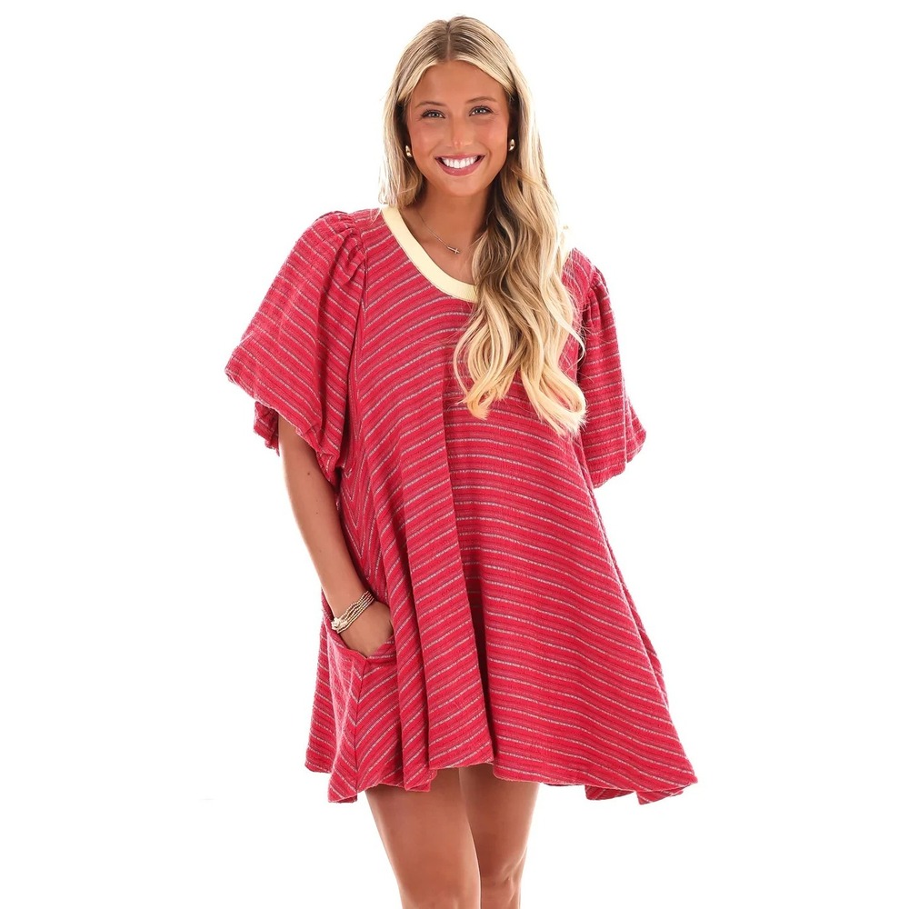 Free People Hudson Pullover Tunic Mini Dress Red Stripe Cotton A-Line Size M